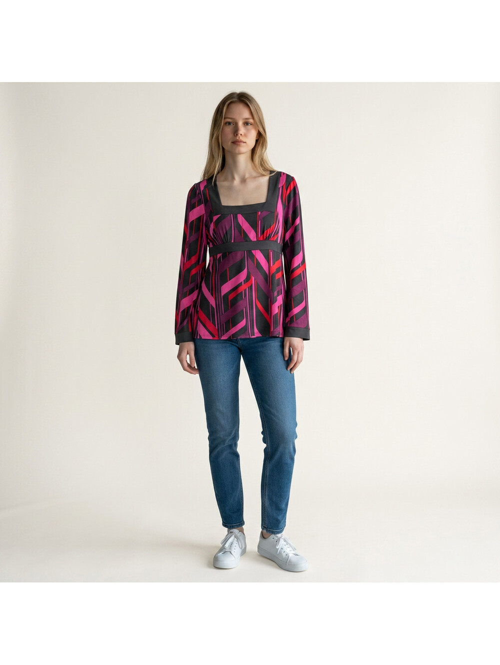 INC International Concepts Blouse Women L Large Black Geometric Long Sleeve